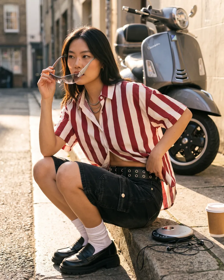 Modelo con camisa de rayas en la calle