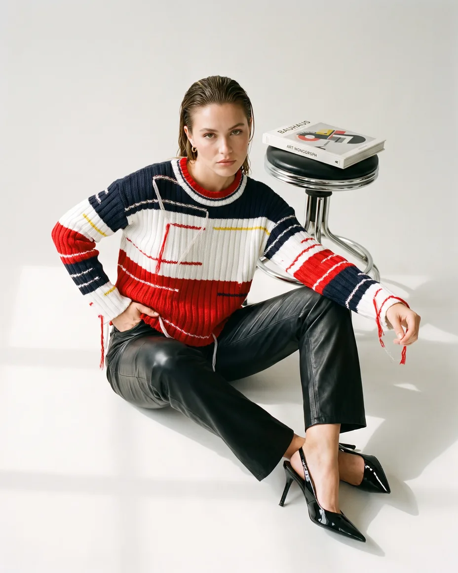 Editorial de moda: modelo con suéter tejido a rayas rojo, azul y blanco en un estudio luminoso